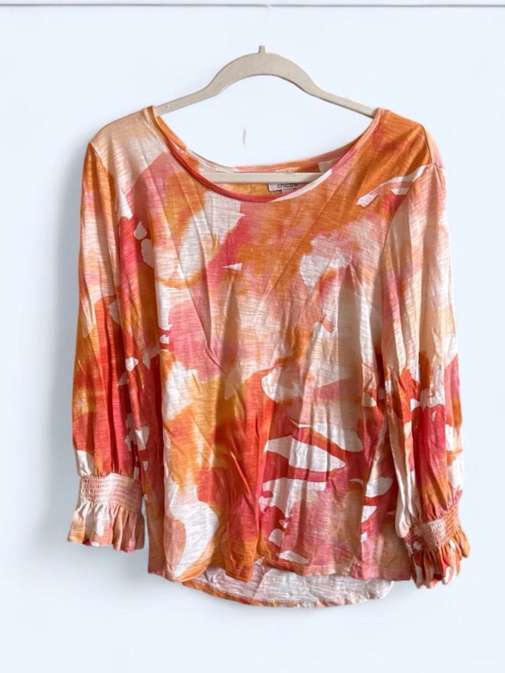 Chico's Orange & Pink Abstract Scoop Neck Long Sleeve Top